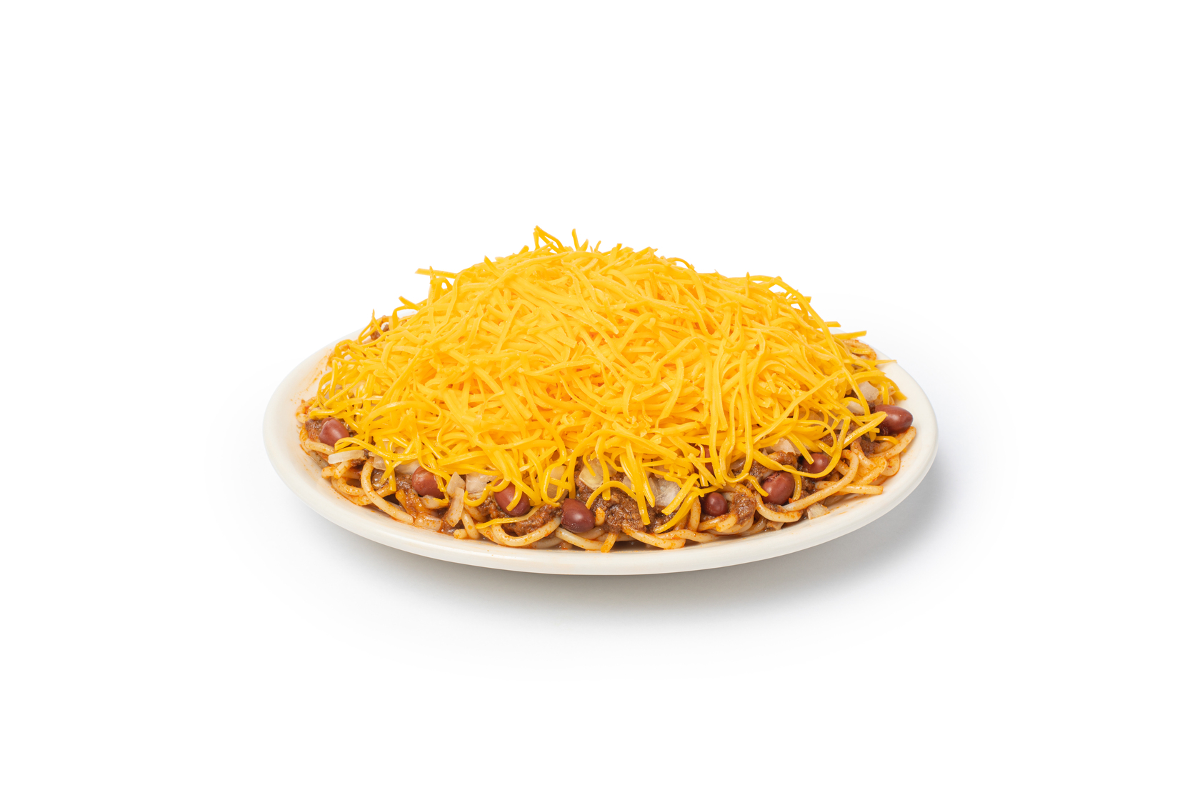 a plate of chili spaghetti and cheese