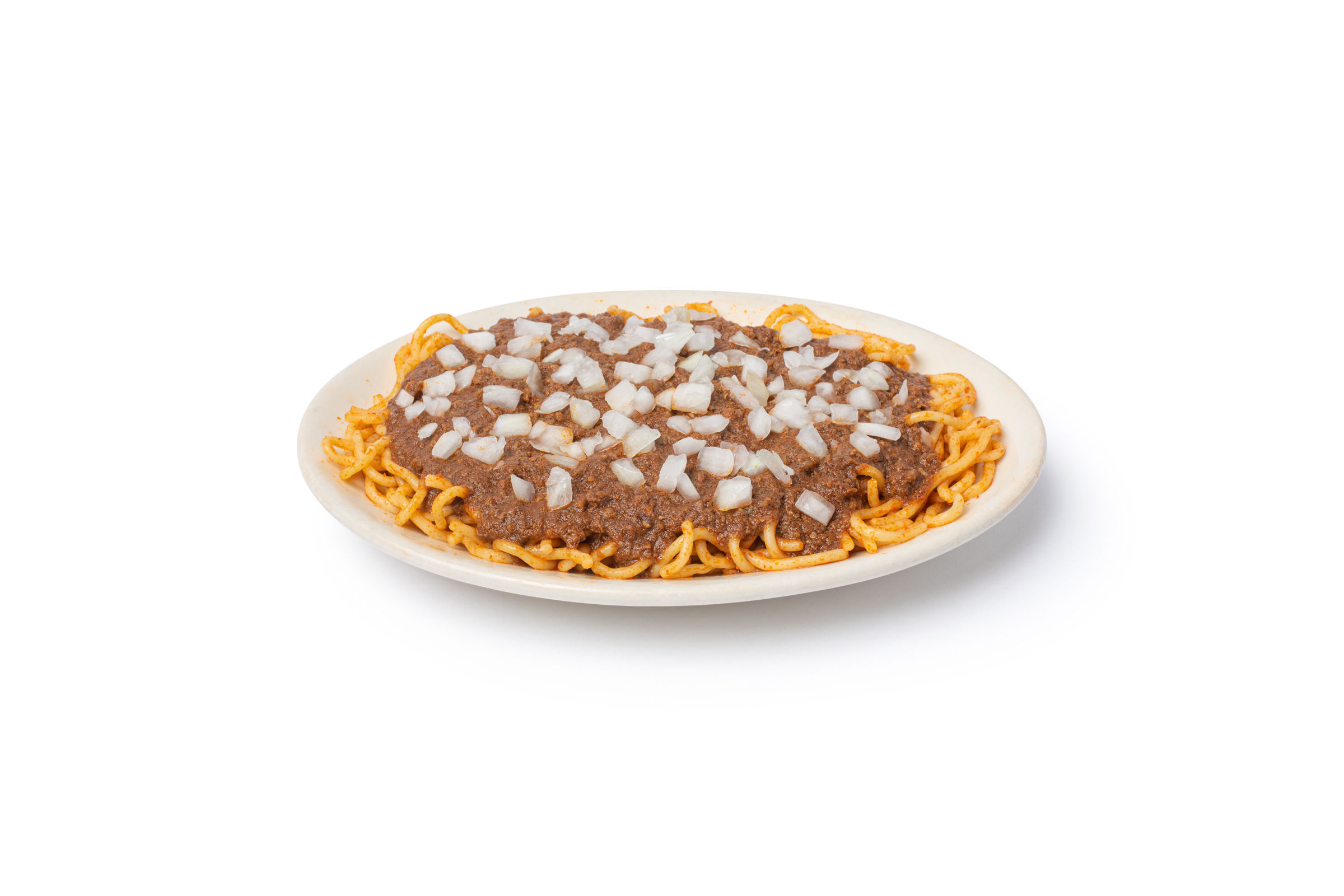 a plate of chili spaghetti and onions