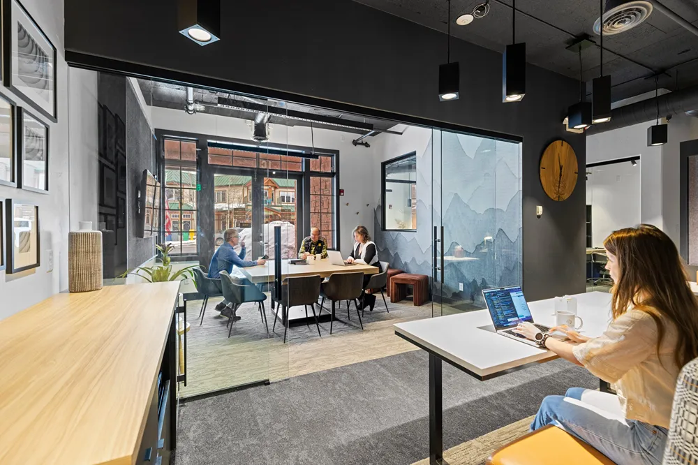 Modern office space with glass walls, people working at desks, and mountain mural on wall